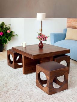Ikiriya - Sheesham Wood Accent Coffee Table & Stools In Provisional Teak Finish (Set Of 5) (1 Year Warranty)