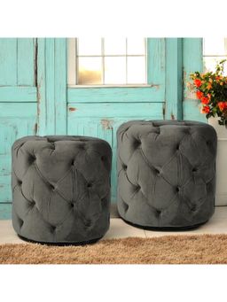 Ikiriya - Dallas Pine Wood Accent Pack Of 2 Ottoman / Pouffes Iron Grey Velvet (1 Year Warranty)