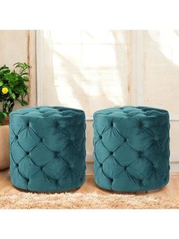 Ikiriya - Dallas Pine Wood Accent Pack Of 2 Ottoman / Pouffes Turquoise Sea Velvet (1 Year Warranty)