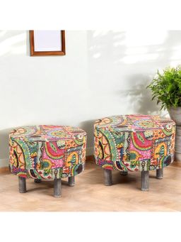 Ikiriya - Rosslyn Sheesham Wood Pack Of 2 Ottoman / Pouffes Israel Print Patchwork Kantha (1 Year Warranty)