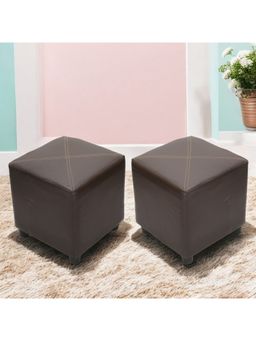 Ikiriya - Asteria Pine Wood Contemporary Pack Of 2 Ottoman / Pouffes Brown Leatherette (1 Year Warranty)
