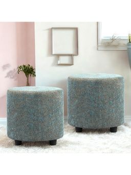 Ikiriya - Lisbon Solid Wood Pack Of 2 Ottoman / Pouffes Blue Jacquard Work Fabric (1 Year Warranty)