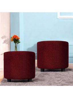 Ikiriya - Lisbon Pine Wood Contemporary Pack Of 2 Ottoman / Pouffes Maroon Mossy Fabric (1 Year Warranty)