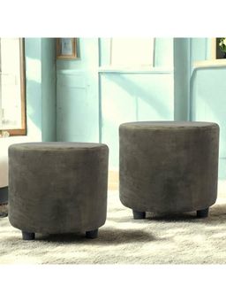 Ikiriya - Lisbon Pine Wood Contemporary Pack Of 2 Ottoman / Pouffes Taupe Brown Velvet (1 Year Warranty)
