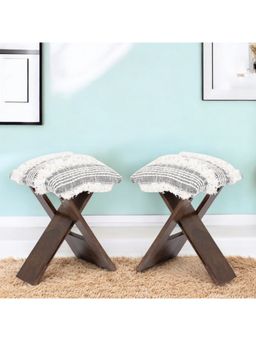 Ikiriya - Dayton Sheesham Wood Pack Of 2 Stools Grey Fabric with Fringes Teak Finish (1 Year Warranty)