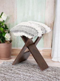 Ikiriya - Dayton Sheesham Wood Stool Grey Fabric with Fringes Provisional Teak Finish (1 Year Warranty)