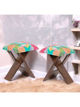 Ikiriya - Dayton Sheesham Wood Pack Of 2 Stools Fruit Print Kantha Provisional Teak Finish (1 Year Warranty)