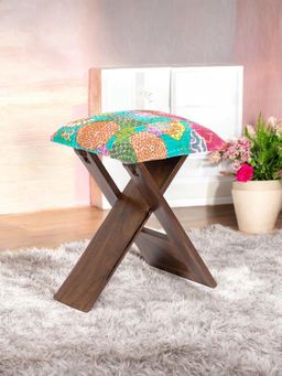 Ikiriya - Dayton Sheesham Wood Stool Sea Green Fruit Print Kantha Provisional Teak Finish (1 Year Warranty)