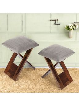 Ikiriya - Dayton Sheesham Wood Pack Of 2 Stools Grey Cotton Velvet Provisional Teak Finish (1 Year Warranty)