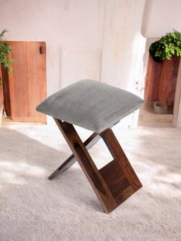 Ikiriya - Dayton Sheesham Wood Accent Stool Grey Cotton Velvet Provisional Teak Finish (1 Year Warranty)