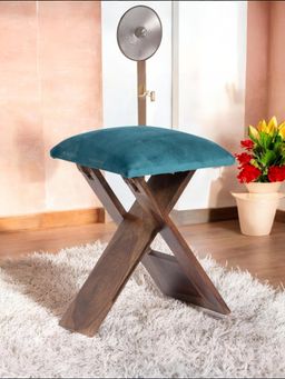 Ikiriya - Dayton Sheesham Wood Accent Stool Turquoise Sea Velvet Provisional Teak Finish (1 Year Warranty)