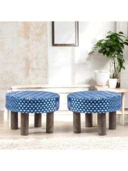 Ikiriya - Maple Sheesham Wood Pack Of 2 Foot Stools Indigo Patchwork Kantha (1 Year Warranty)