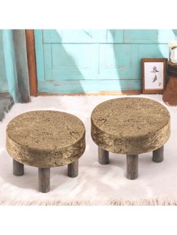 Ikiriya - Maple Sheesham Wood Pack Of 2 Foot Stools Sparkle Velvet Antique Grey Finish (1 Year Warranty)