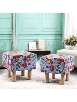 Ikiriya - Verona Solid Wood Pack Of 2 Ottoman / Pouffes Grey Brid Print Kantha Teak Finish (1 Year Warranty)