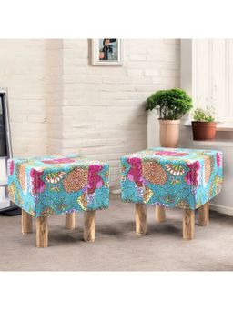 Ikiriya - Verona Solid Wood Pack Of 2 Ottoman / Pouffes Sea Green Fruit Print Kantha (1 Year Warranty)