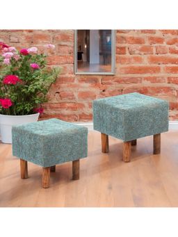 Ikiriya - Verona Solid Wood Pack Of 2 Ottoman / Pouffes Blue Jacquard Work Fabric (1 Year Warranty)