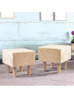 Ikiriya - Verona Solid Wood Pack Of 2 Ottoman / Pouffes Beige Sparkle Velvet Teak Finish (1 Year Warranty)