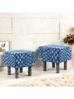 Ikiriya - Verona Solid Wood Pack Of 2 Ottoman / Pouffes Indigo Patchwork Kantha (1 Year Warranty)