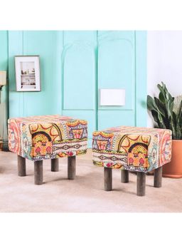 Ikiriya - Verona Solid Wood Pack Of 2 Ottoman / Pouffes Israel Print Patchwork Kantha (1 Year Warranty)