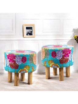 Ikiriya - Morgan Solid Wood Pack Of 2 Ottoman / Pouffes Sea Green Fruit Print Kantha (1 Year Warranty)