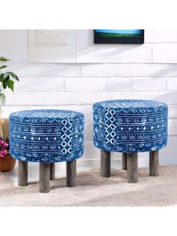 Ikiriya - Morgan Solid Wood Pack Of 2 Ottoman / Pouffes Indigo Patchwork Kantha (1 Year Warranty)