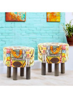 Ikiriya - Morgan Solid Wood Pack Of 2 Ottoman / Pouffes Israel Print Patchwork Kantha (1 Year Warranty)