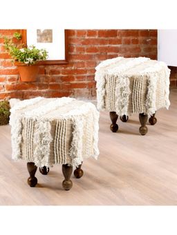 Ikiriya - Louisville Solid Wood Pack Of 2 Ottoman / Pouffes Beige Fabric with Fringes (1 Year Warranty)