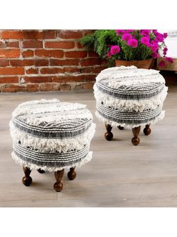 Ikiriya - Louisville Solid Wood Pack Of 2 Ottoman / Pouffes Grey Fabric with Fringes (1 Year Warranty)