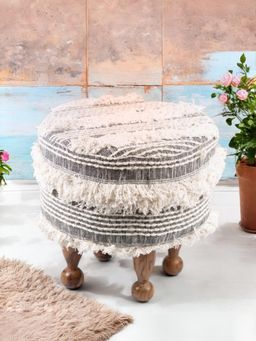 Ikiriya - Louisville Solid Wood Ottoman / Pouffe Grey Fabric with Fringes Teak Finish (1 Year Warranty)