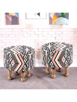 Ikiriya - Louisville Solid Wood Pack Of 2 Ottoman / Pouffes Multi-Colour Jacquard Work Fabric (1 Year Warranty)