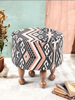 Ikiriya - Louisville Solid Wood Parisian Ottoman / Pouffe Multi-Colour Jacquard Work Fabric (1 Year Warranty)