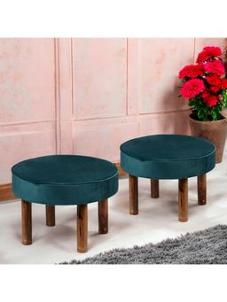 Ikiriya - Sandford Solid Wood Pack Of 2 Ottoman / Pouffes Turquoise Sea Velvet Teak Finish (1 Year Warranty)