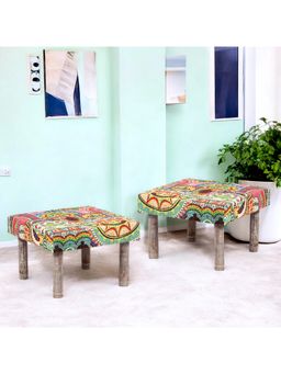 Ikiriya - Sandford Solid Wood Pack Of 2 Ottoman / Pouffes Israel Print Patchwork Kantha (1 Year Warranty)
