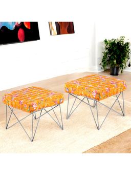 Ikiriya - Asansol Sheesham Wood Mid Century Pack Of 2 Stools Bird Print Orange Kantha (1 Year Warranty)