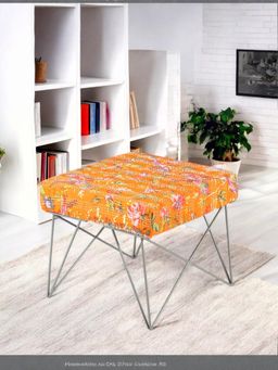 Ikiriya - Asansol Sheesham Wood Mid Century Stool Bird Print Orange Kantha (1 Year Warranty)