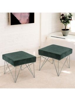 Ikiriya - Asansol Sheesham Wood Accent Pack Of 2 Stools Green Cotton Velvet (1 Year Warranty)