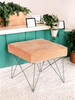 Ikiriya - Asansol Sheesham Wood Accent Stool Melon Pink Cotton Velvet (1 Year Warranty)