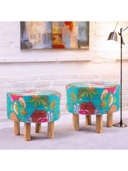 Ikiriya - Collie Solid Wood Pack Of 2 Ottoman / Pouffes Sea Green Fruit Print Kantha (1 Year Warranty)