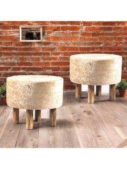 Ikiriya - Collie Solid Wood Pack Of 2 Ottoman / Pouffes Beige Sparkle Velvet Teak Finish (1 Year Warranty)