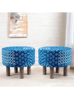 Ikiriya - Collie Solid Wood Pack Of 2 Ottoman / Pouffes Indigo Patchwork Kantha (1 Year Warranty)