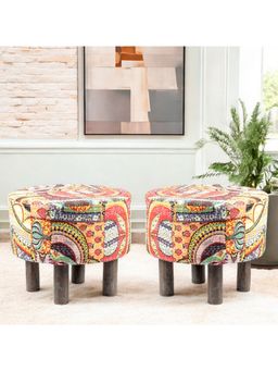 Ikiriya - Collie Solid Wood Pack Of 2 Ottoman / Pouffes Israel Print Patchwork Kantha (1 Year Warranty)