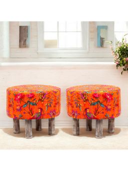 Ikiriya - Collie Solid Wood Pack Of 2 Ottoman / Pouffes Bird Print Orange Kantha (1 Year Warranty)