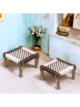 Ikiriya - Riaz Sheesham Wood Vintage Pack Of 2 Foot Stools In Brown & White Rope Canning (1 Year Warranty)
