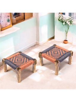 Ikiriya - Riaz Sheesham Wood Vintage Pack Of 2 Foot Stools In Orange & Grey Rope Canning (1 Year Warranty)