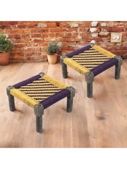 Ikiriya - Riaz Sheesham Wood Vintage Pack Of 2 Foot Stools In Yellow & Purple Rope Canning (1 Year Warranty)