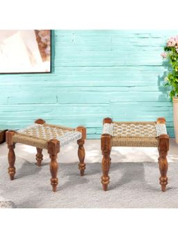 Ikiriya - Riaz Sheesham Wood Vintage Pack Of 2 Stools In Natural Jute & Silver Rope Canning (1 Year Warranty)