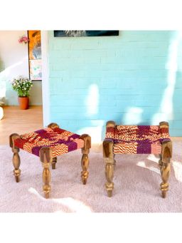 Ikiriya - Riaz Sheesham Wood Vintage Pack Of 2 Stools In Multi Colour Chindi Rope Canning (1 Year Warranty)