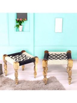 Ikiriya - Riaz Sheesham Wood Vintage Pack Of 2 Stools In Black & White Rope Canning (1 Year Warranty)
