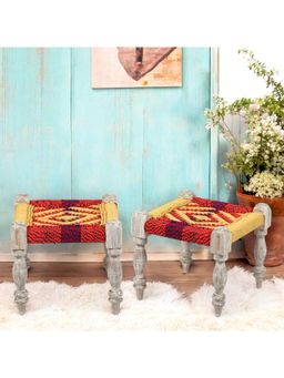 Ikiriya - Riaz Sheesham Wood Pack Of 2 Stools In Multi Colour Chindi & Yellow Rope Canning (1 Year Warranty)