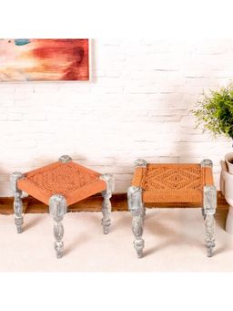 Ikiriya - Riaz Sheesham Wood Vintage Pack Of 2 Stools In Orange Rope Canning (1 Year Warranty)